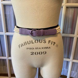 90s Vintage Lilac Purple Leather and Three Strand Faux Pearl Belt 34" Max Large